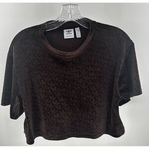 Adidas Shirt Women's Medium Brown Crop Top Boxy Velour Short Sleeve